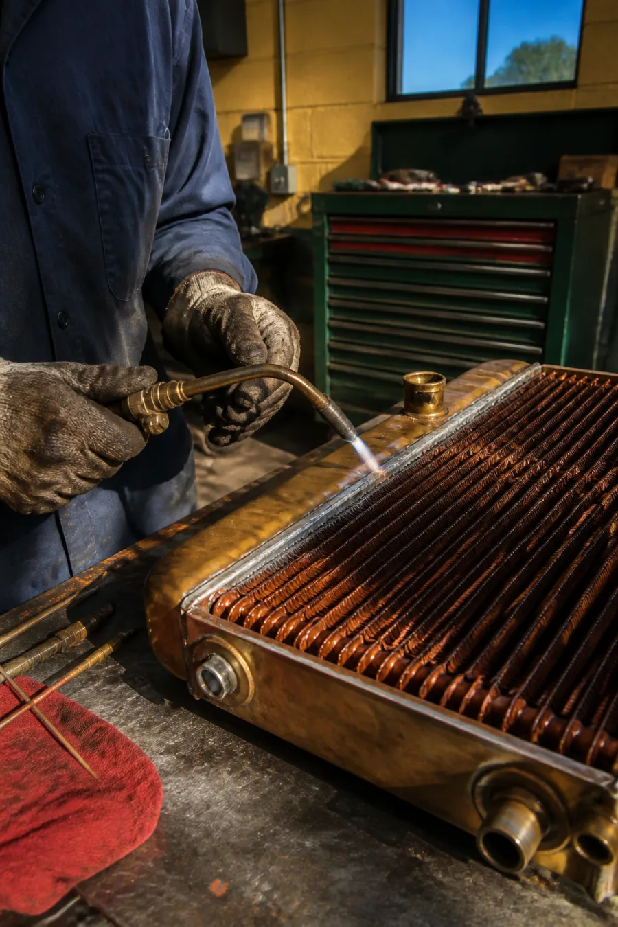 Hands recoring a copper radiator in the shop